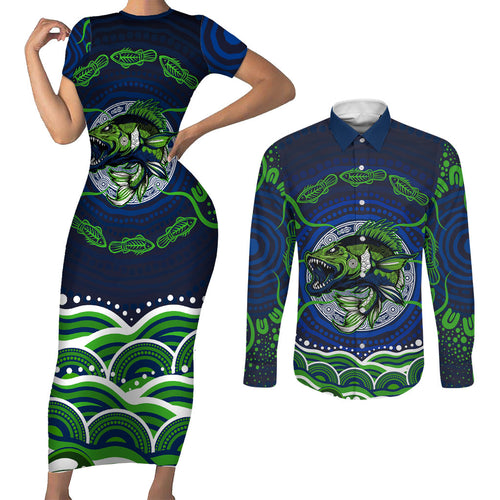 Personalised Barramundi Fishing Couples Matching Short Sleeve Bodycon Dress and Long Sleeve Button Shirt Aboriginal Dot Art Fierce Fish