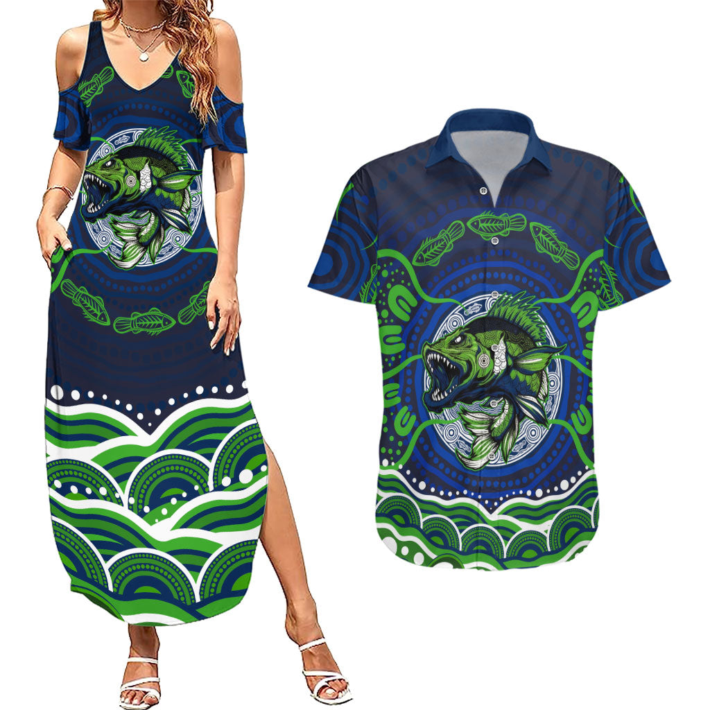 Personalised Barramundi Fishing Couples Matching Summer Maxi Dress and Hawaiian Shirt Aboriginal Dot Art Fierce Fish