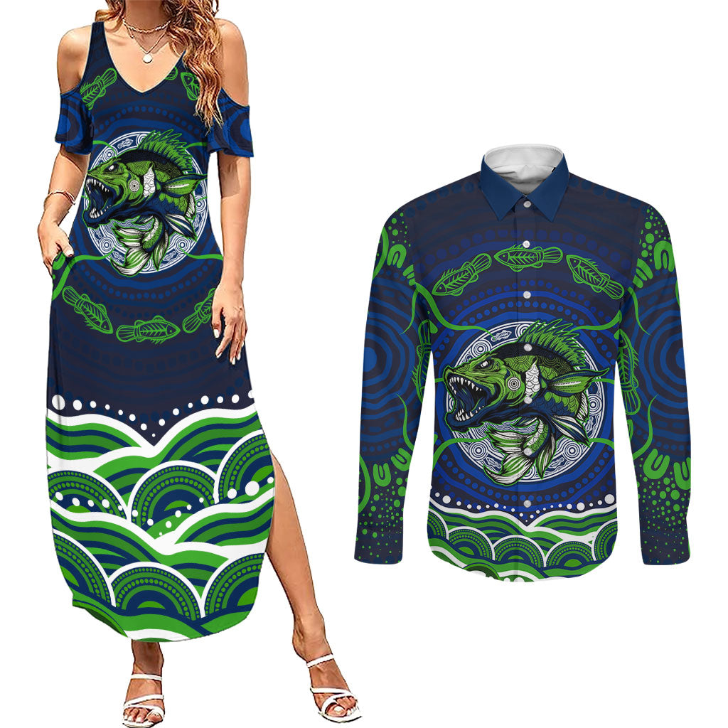 Personalised Barramundi Fishing Couples Matching Summer Maxi Dress and Long Sleeve Button Shirt Aboriginal Dot Art Fierce Fish