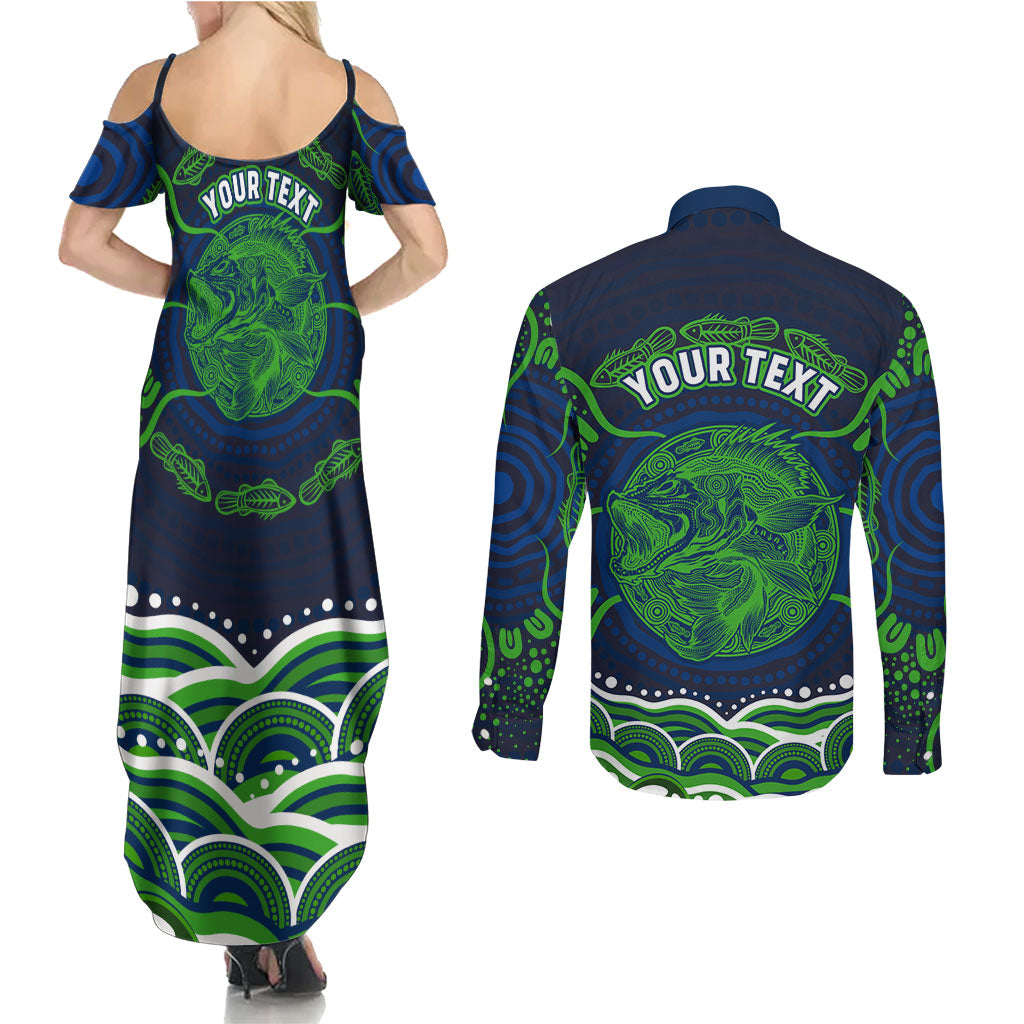 Personalised Barramundi Fishing Couples Matching Summer Maxi Dress and Long Sleeve Button Shirt Aboriginal Dot Art Fierce Fish