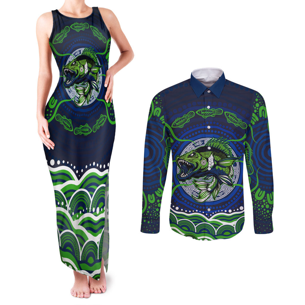 Personalised Barramundi Fishing Couples Matching Tank Maxi Dress and Long Sleeve Button Shirt Aboriginal Dot Art Fierce Fish