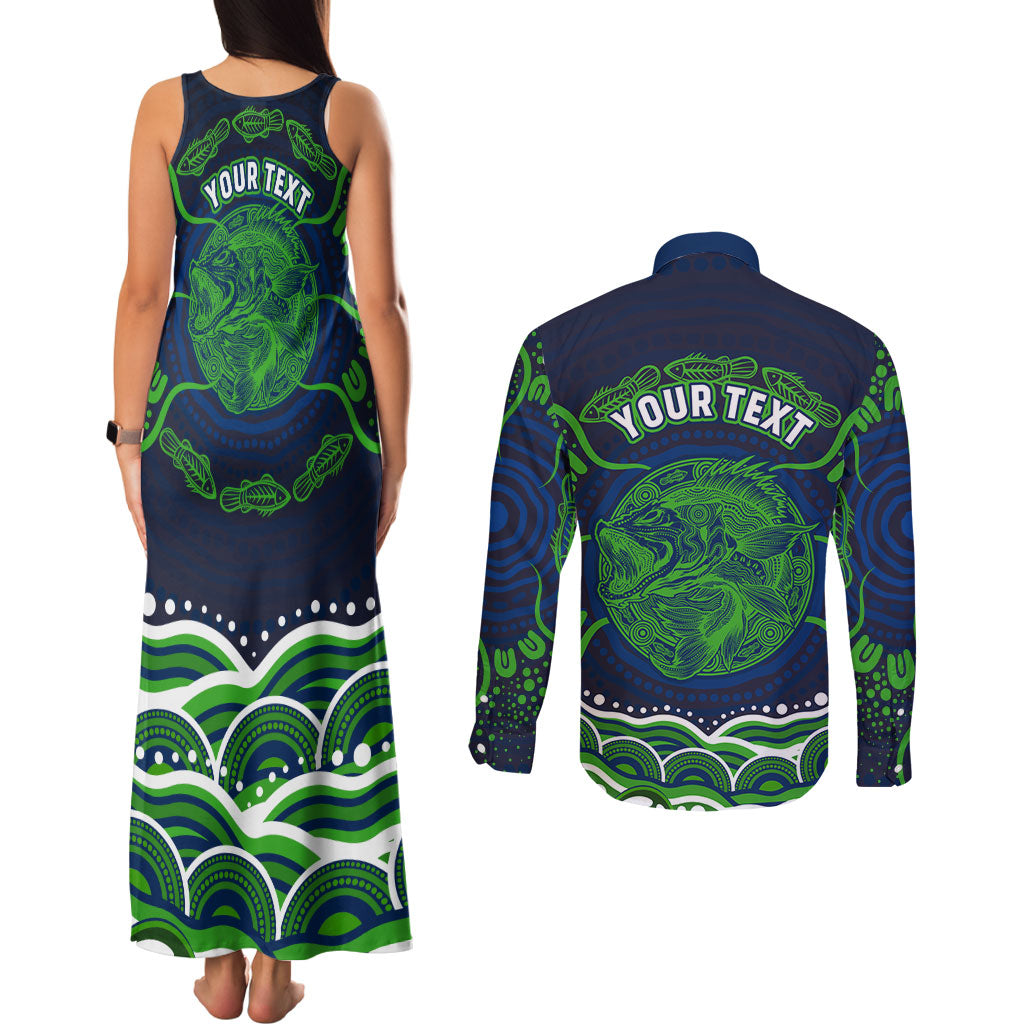 Personalised Barramundi Fishing Couples Matching Tank Maxi Dress and Long Sleeve Button Shirt Aboriginal Dot Art Fierce Fish