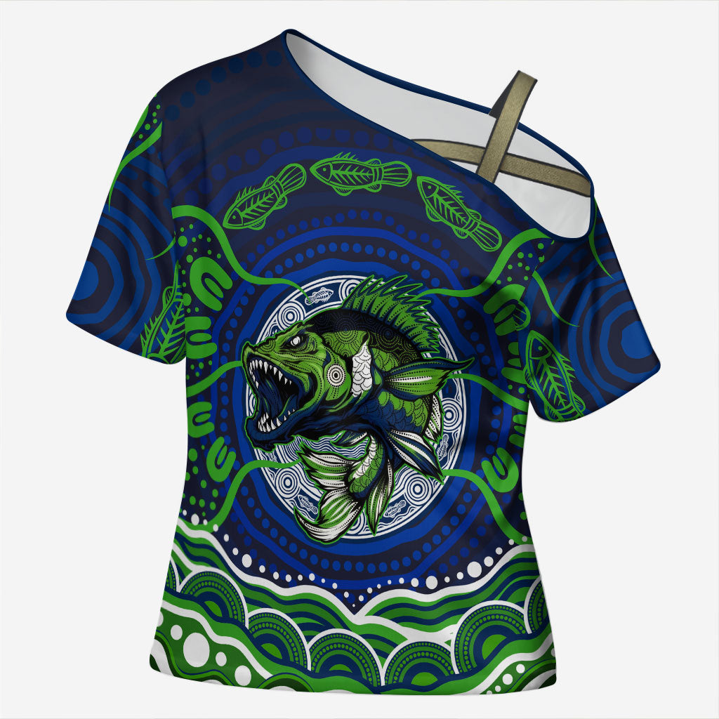 Personalised Barramundi Fishing Cross Shoulder Shirt Aboriginal Dot Art Fierce Fish