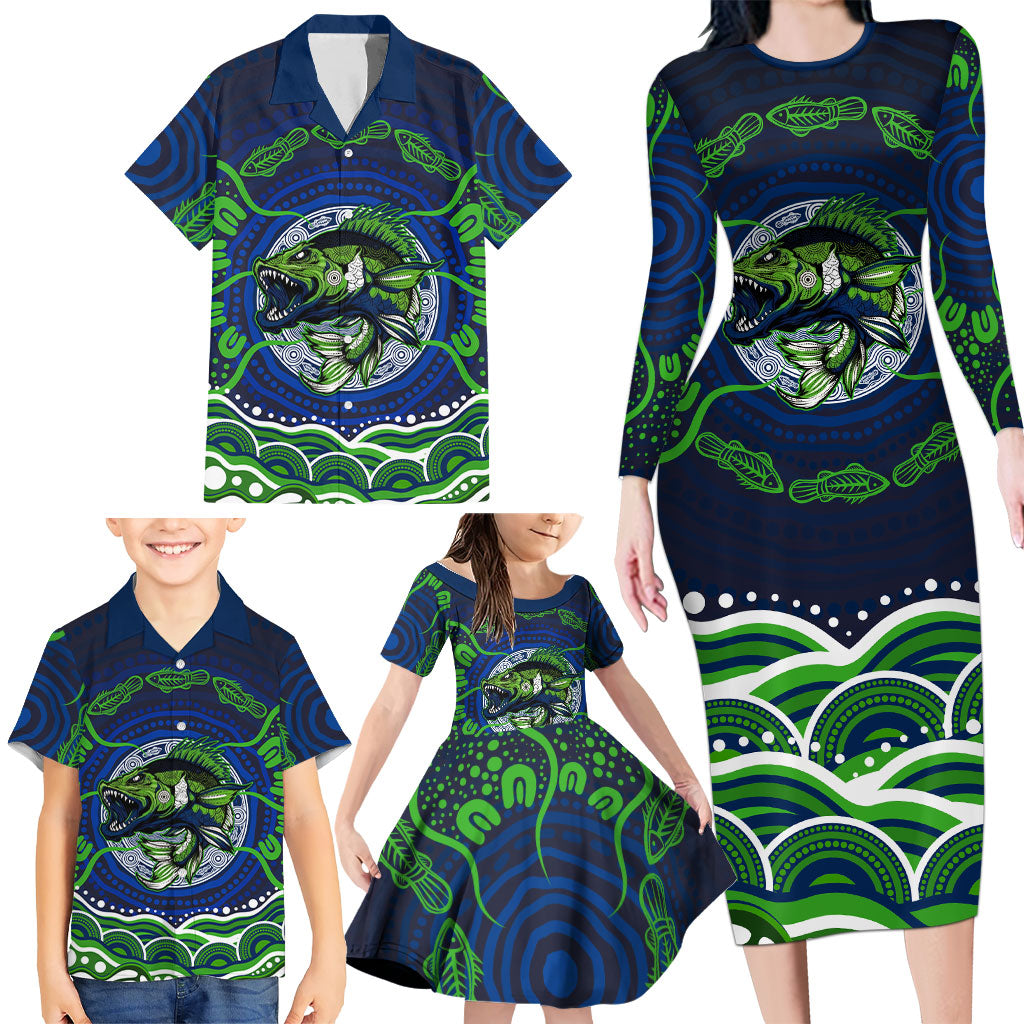 Personalised Barramundi Fishing Family Matching Long Sleeve Bodycon Dress and Hawaiian Shirt Aboriginal Dot Art Fierce Fish