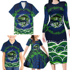 Personalised Barramundi Fishing Family Matching Long Sleeve Bodycon Dress and Hawaiian Shirt Aboriginal Dot Art Fierce Fish