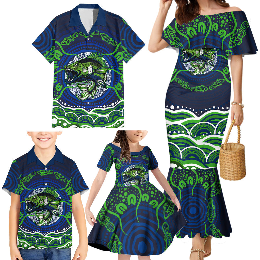 Personalised Barramundi Fishing Family Matching Mermaid Dress and Hawaiian Shirt Aboriginal Dot Art Fierce Fish