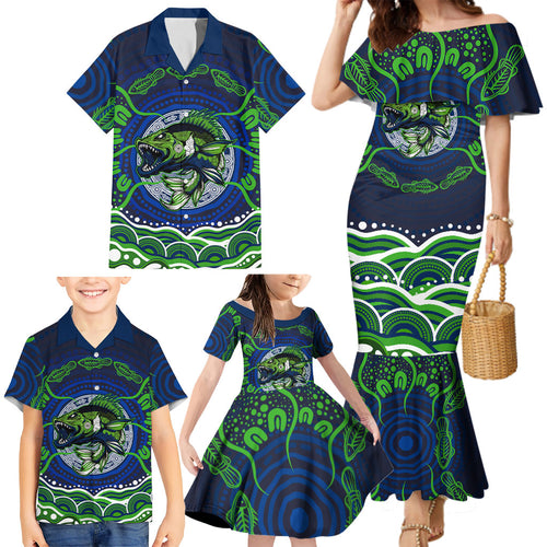 Personalised Barramundi Fishing Family Matching Mermaid Dress and Hawaiian Shirt Aboriginal Dot Art Fierce Fish