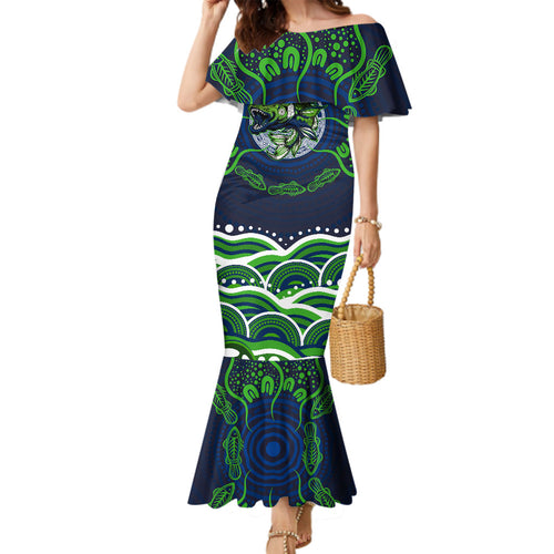 Personalised Barramundi Fishing Family Matching Mermaid Dress and Hawaiian Shirt Aboriginal Dot Art Fierce Fish