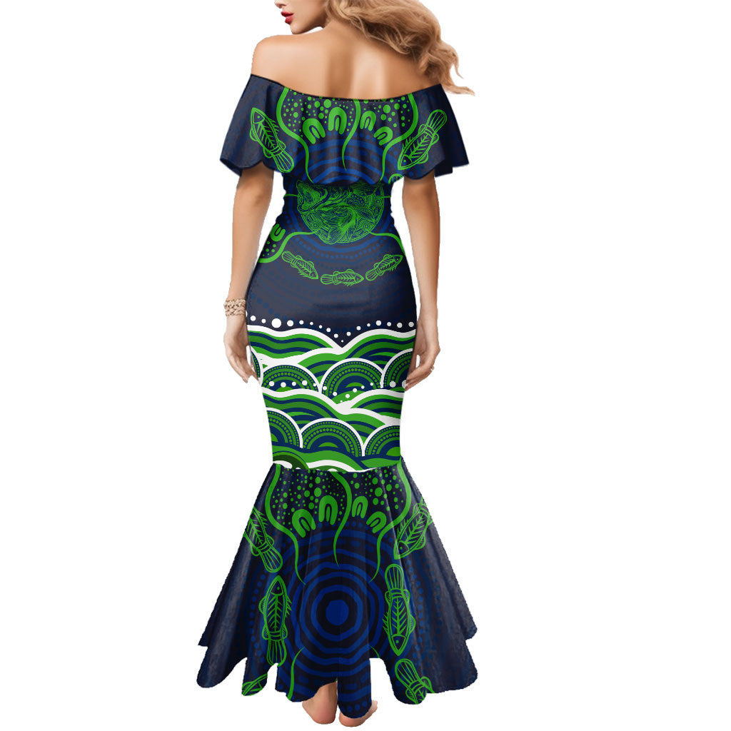 Personalised Barramundi Fishing Family Matching Mermaid Dress and Hawaiian Shirt Aboriginal Dot Art Fierce Fish