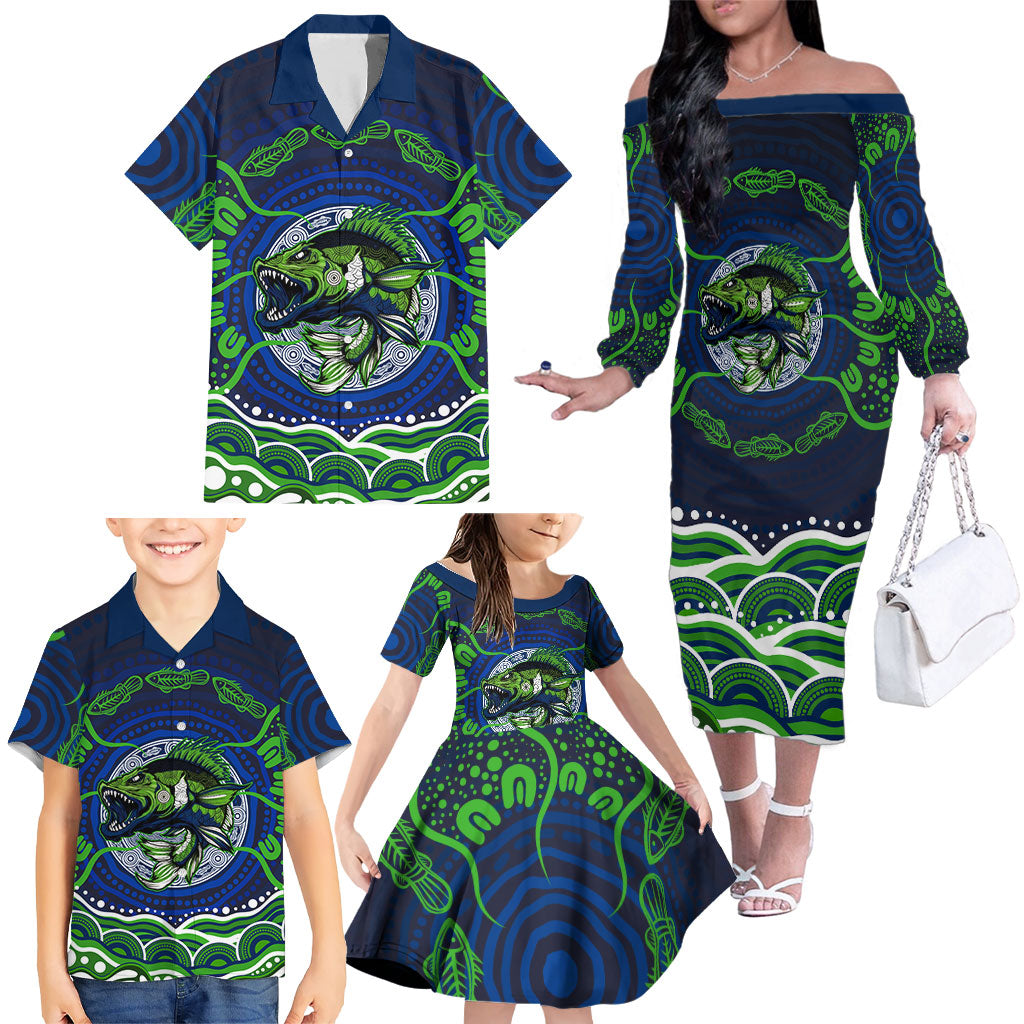 Personalised Barramundi Fishing Family Matching Off The Shoulder Long Sleeve Dress and Hawaiian Shirt Aboriginal Dot Art Fierce Fish