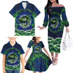 Personalised Barramundi Fishing Family Matching Off The Shoulder Long Sleeve Dress and Hawaiian Shirt Aboriginal Dot Art Fierce Fish