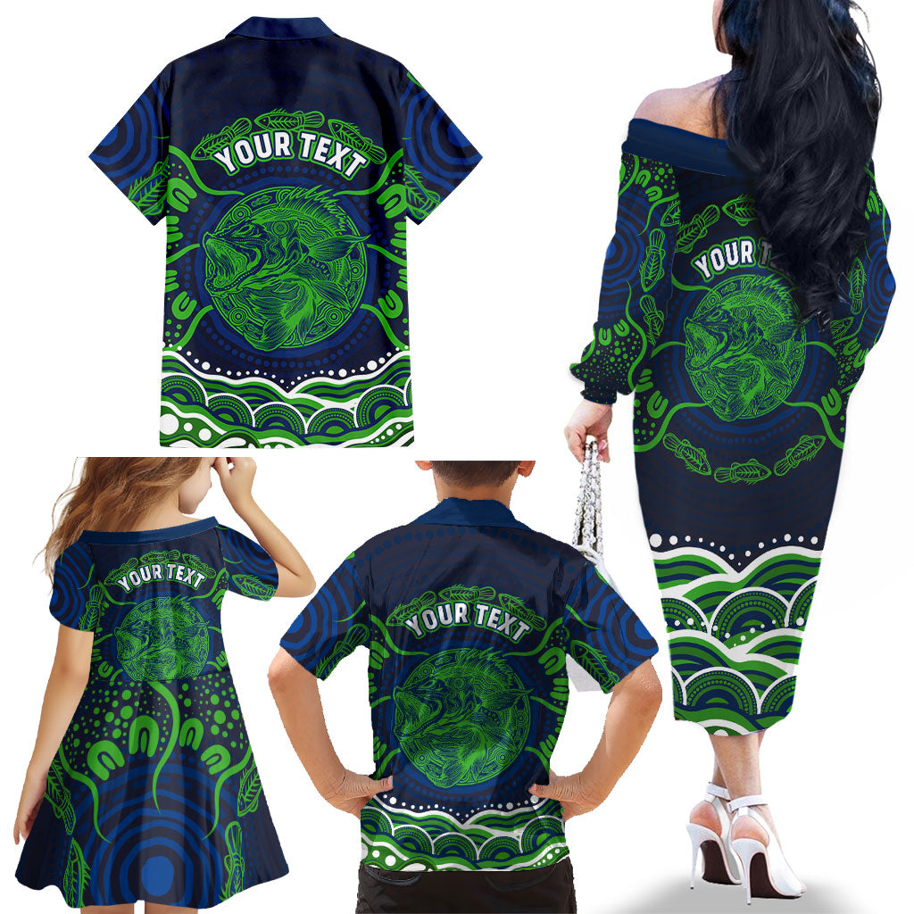 Personalised Barramundi Fishing Family Matching Off The Shoulder Long Sleeve Dress and Hawaiian Shirt Aboriginal Dot Art Fierce Fish