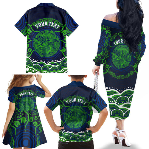 Personalised Barramundi Fishing Family Matching Off The Shoulder Long Sleeve Dress and Hawaiian Shirt Aboriginal Dot Art Fierce Fish