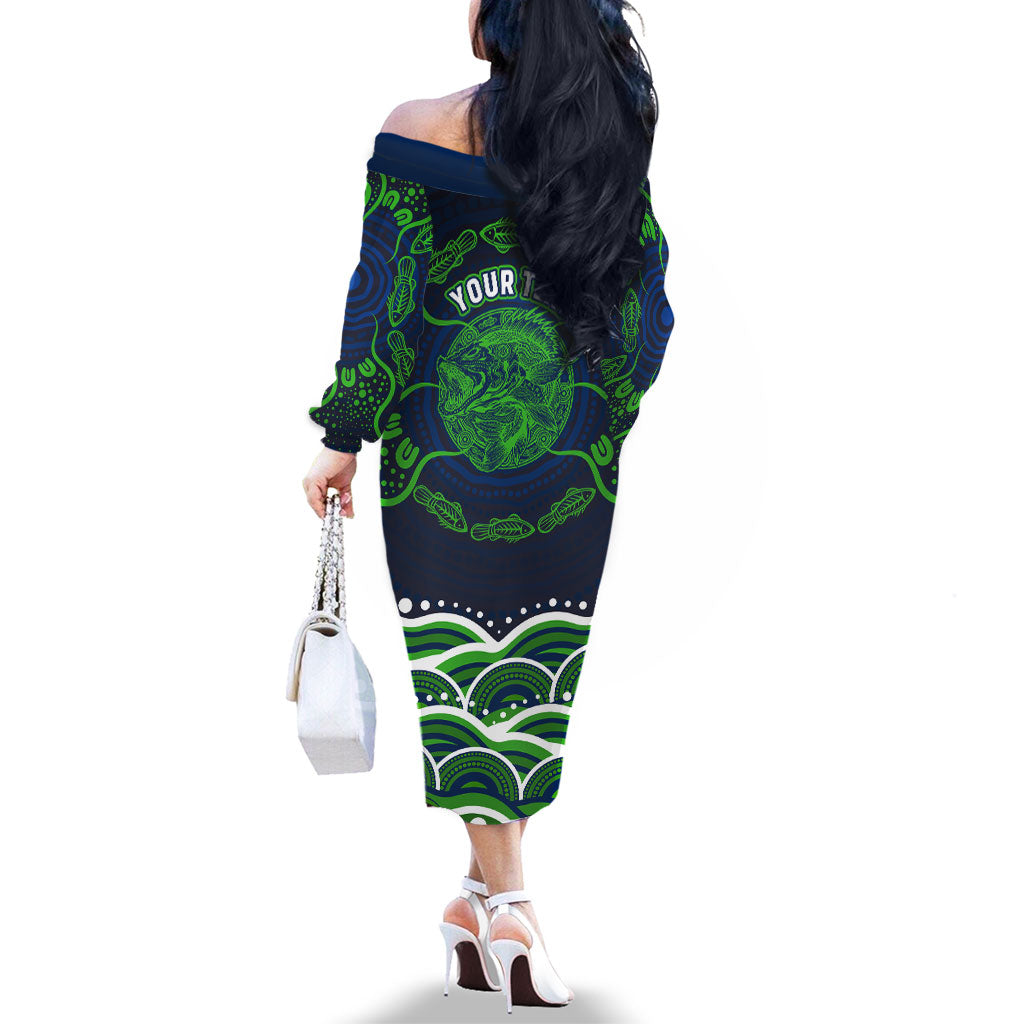 Personalised Barramundi Fishing Family Matching Off The Shoulder Long Sleeve Dress and Hawaiian Shirt Aboriginal Dot Art Fierce Fish