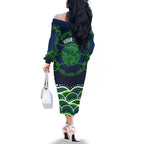 Personalised Barramundi Fishing Family Matching Off The Shoulder Long Sleeve Dress and Hawaiian Shirt Aboriginal Dot Art Fierce Fish