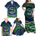 Personalised Barramundi Fishing Family Matching Off Shoulder Maxi Dress and Hawaiian Shirt Aboriginal Dot Art Fierce Fish