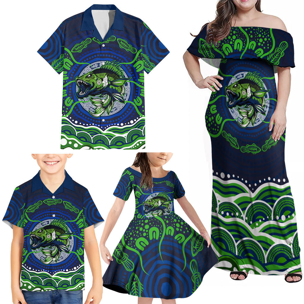 Personalised Barramundi Fishing Family Matching Off Shoulder Maxi Dress and Hawaiian Shirt Aboriginal Dot Art Fierce Fish