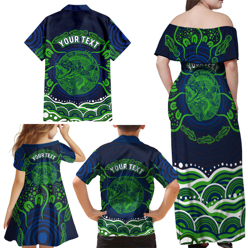 Personalised Barramundi Fishing Family Matching Off Shoulder Maxi Dress and Hawaiian Shirt Aboriginal Dot Art Fierce Fish