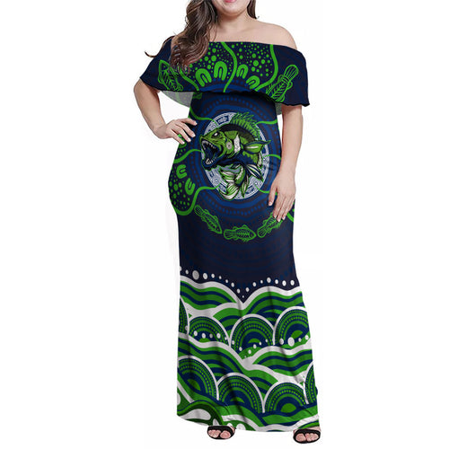 Personalised Barramundi Fishing Family Matching Off Shoulder Maxi Dress and Hawaiian Shirt Aboriginal Dot Art Fierce Fish