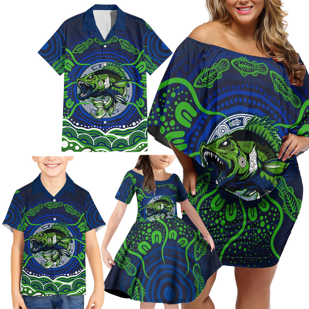 Personalised Barramundi Fishing Family Matching Off Shoulder Short Dress and Hawaiian Shirt Aboriginal Dot Art Fierce Fish