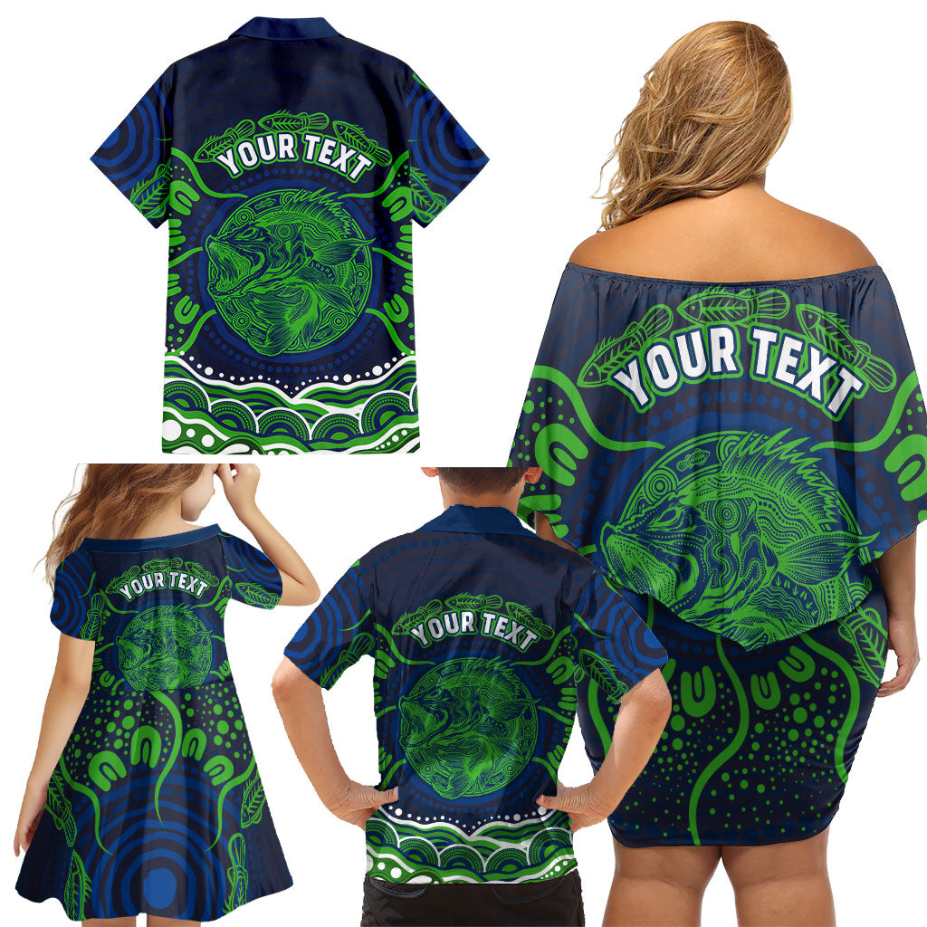 Personalised Barramundi Fishing Family Matching Off Shoulder Short Dress and Hawaiian Shirt Aboriginal Dot Art Fierce Fish