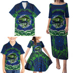 Personalised Barramundi Fishing Family Matching Puletasi and Hawaiian Shirt Aboriginal Dot Art Fierce Fish
