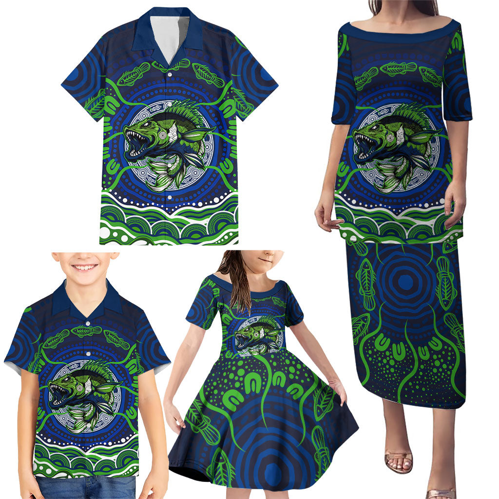 Personalised Barramundi Fishing Family Matching Puletasi and Hawaiian Shirt Aboriginal Dot Art Fierce Fish