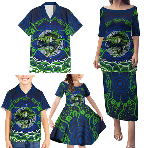 Personalised Barramundi Fishing Family Matching Puletasi and Hawaiian Shirt Aboriginal Dot Art Fierce Fish
