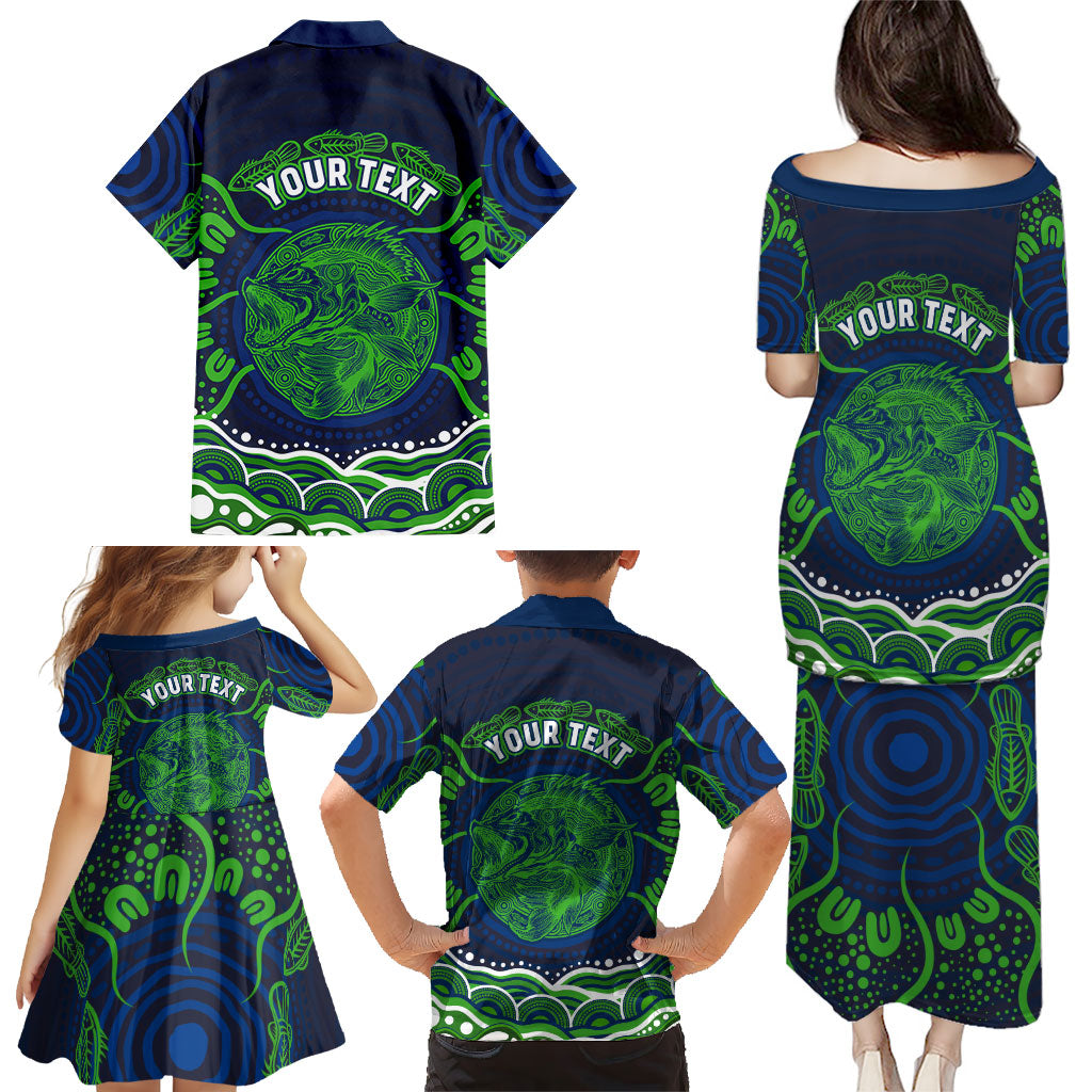 Personalised Barramundi Fishing Family Matching Puletasi and Hawaiian Shirt Aboriginal Dot Art Fierce Fish