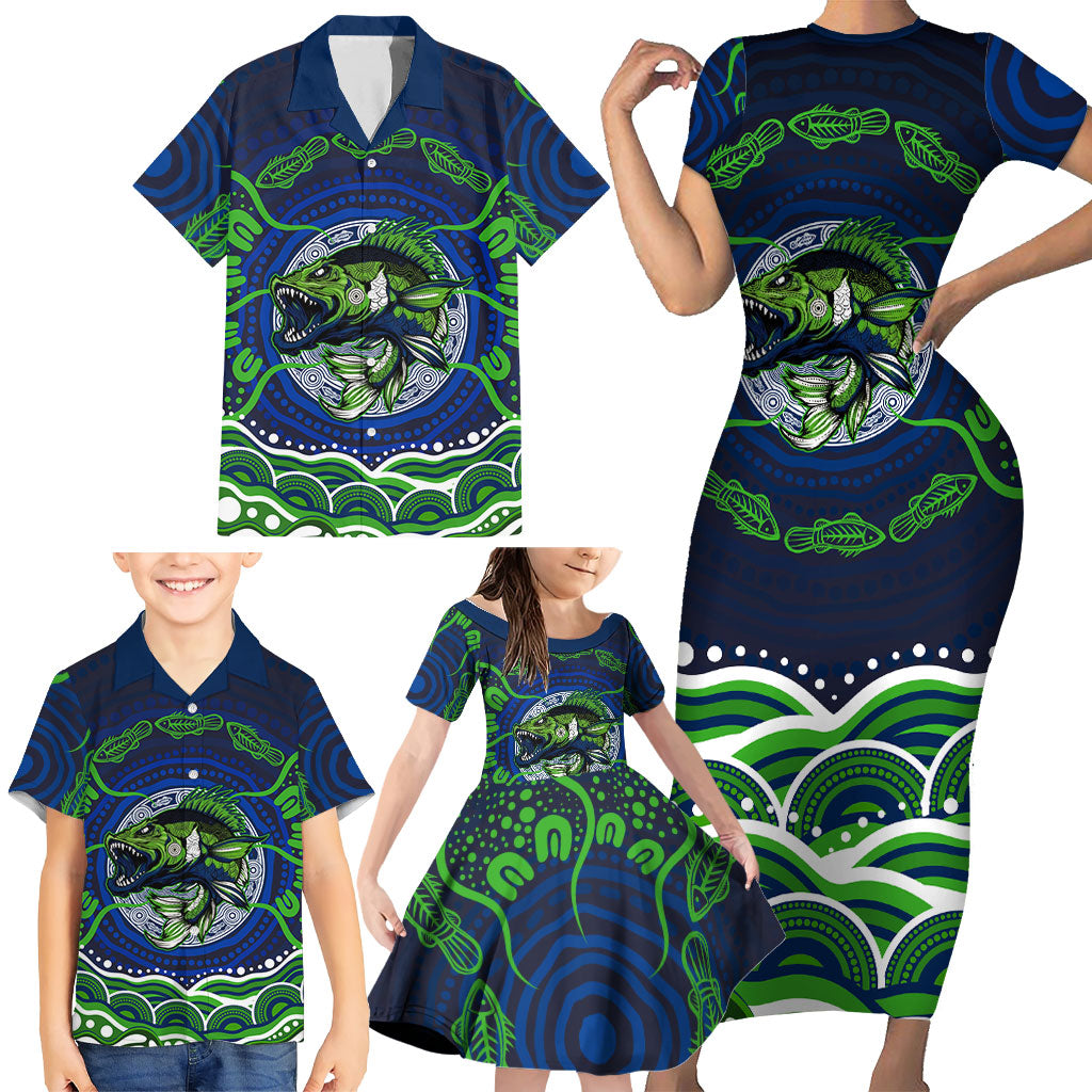 Personalised Barramundi Fishing Family Matching Short Sleeve Bodycon Dress and Hawaiian Shirt Aboriginal Dot Art Fierce Fish