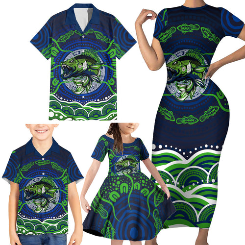 Personalised Barramundi Fishing Family Matching Short Sleeve Bodycon Dress and Hawaiian Shirt Aboriginal Dot Art Fierce Fish