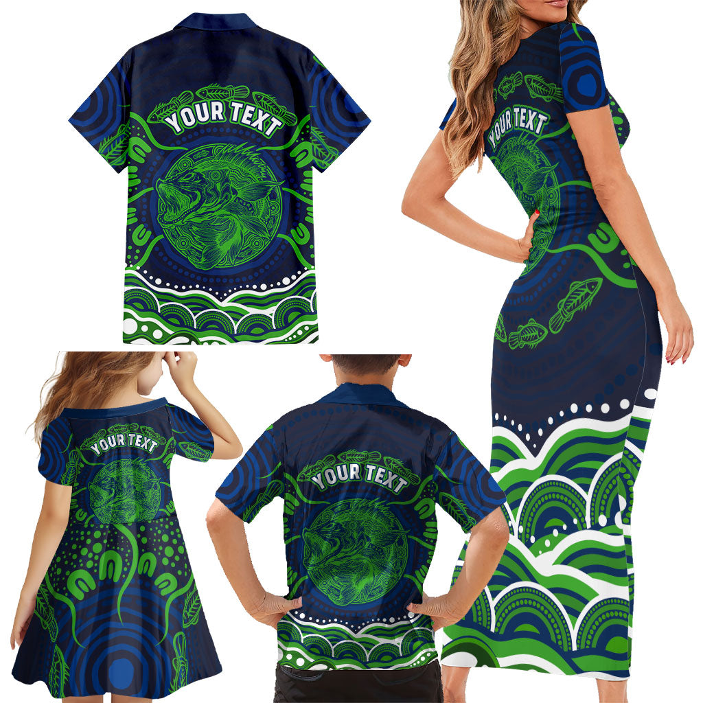 Personalised Barramundi Fishing Family Matching Short Sleeve Bodycon Dress and Hawaiian Shirt Aboriginal Dot Art Fierce Fish