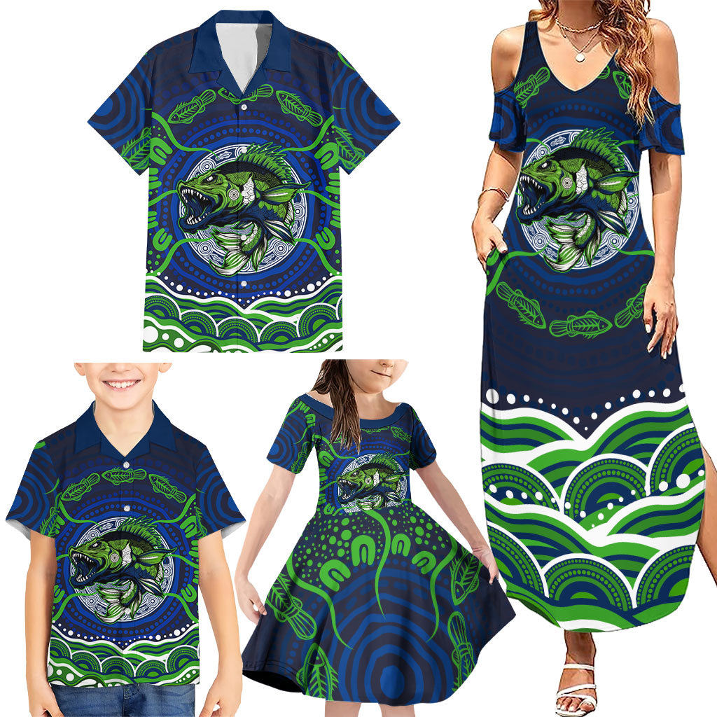 Personalised Barramundi Fishing Family Matching Summer Maxi Dress and Hawaiian Shirt Aboriginal Dot Art Fierce Fish