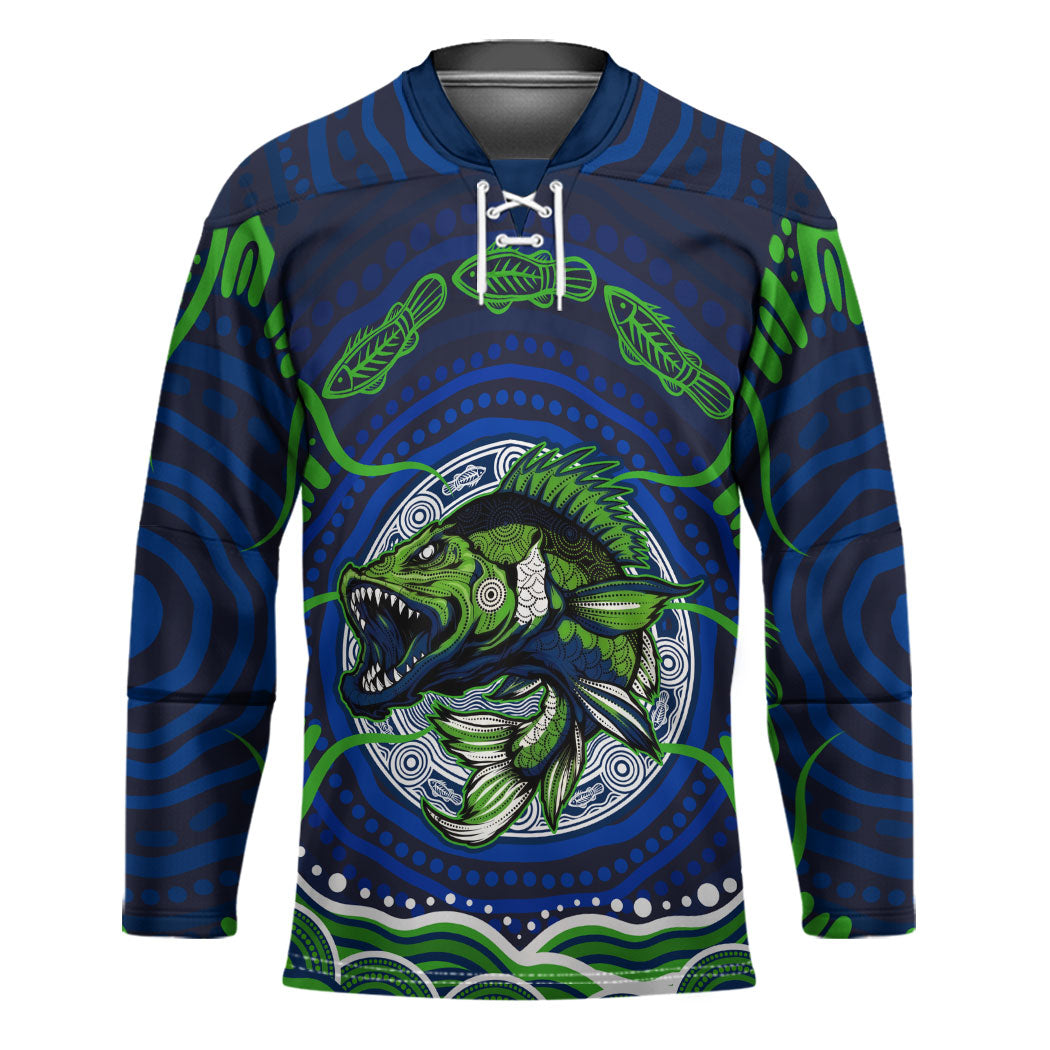 Personalised Barramundi Fishing Hockey Jersey Aboriginal Dot Art Fierce Fish