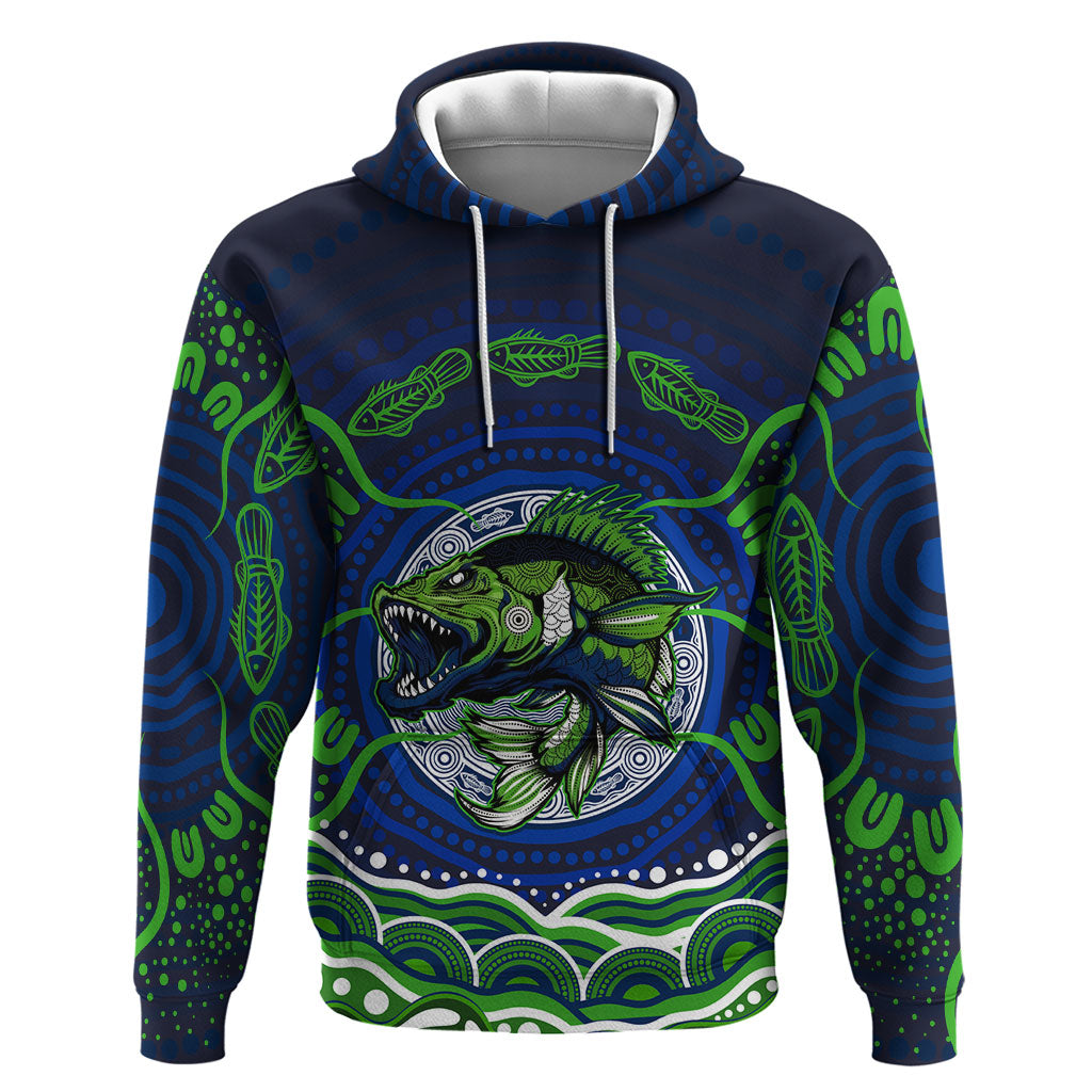 Personalised Barramundi Fishing Hoodie Aboriginal Dot Art Fierce Fish