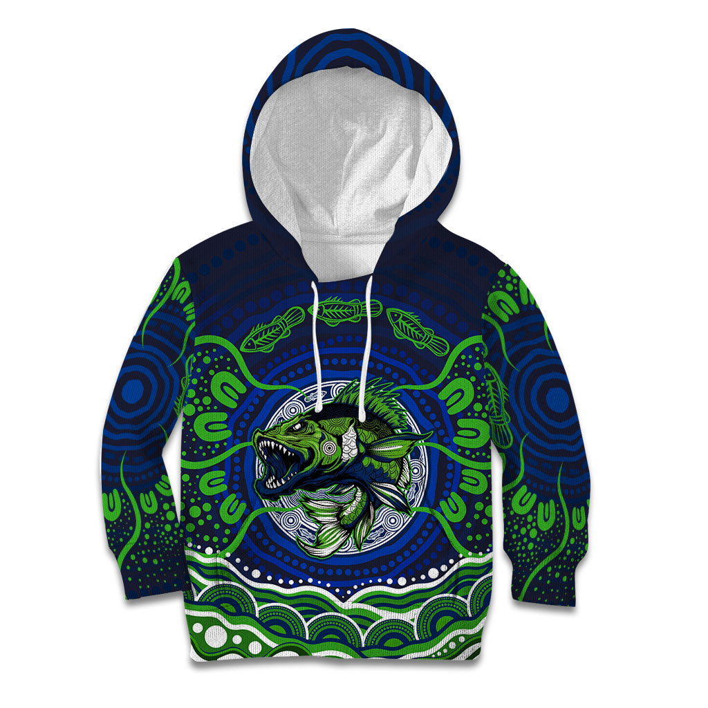 Personalised Barramundi Fishing Kid Hoodie Aboriginal Dot Art Fierce Fish