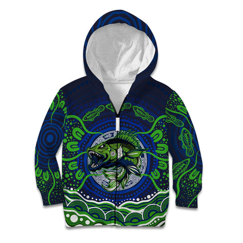Personalised Barramundi Fishing Kid Hoodie Aboriginal Dot Art Fierce Fish