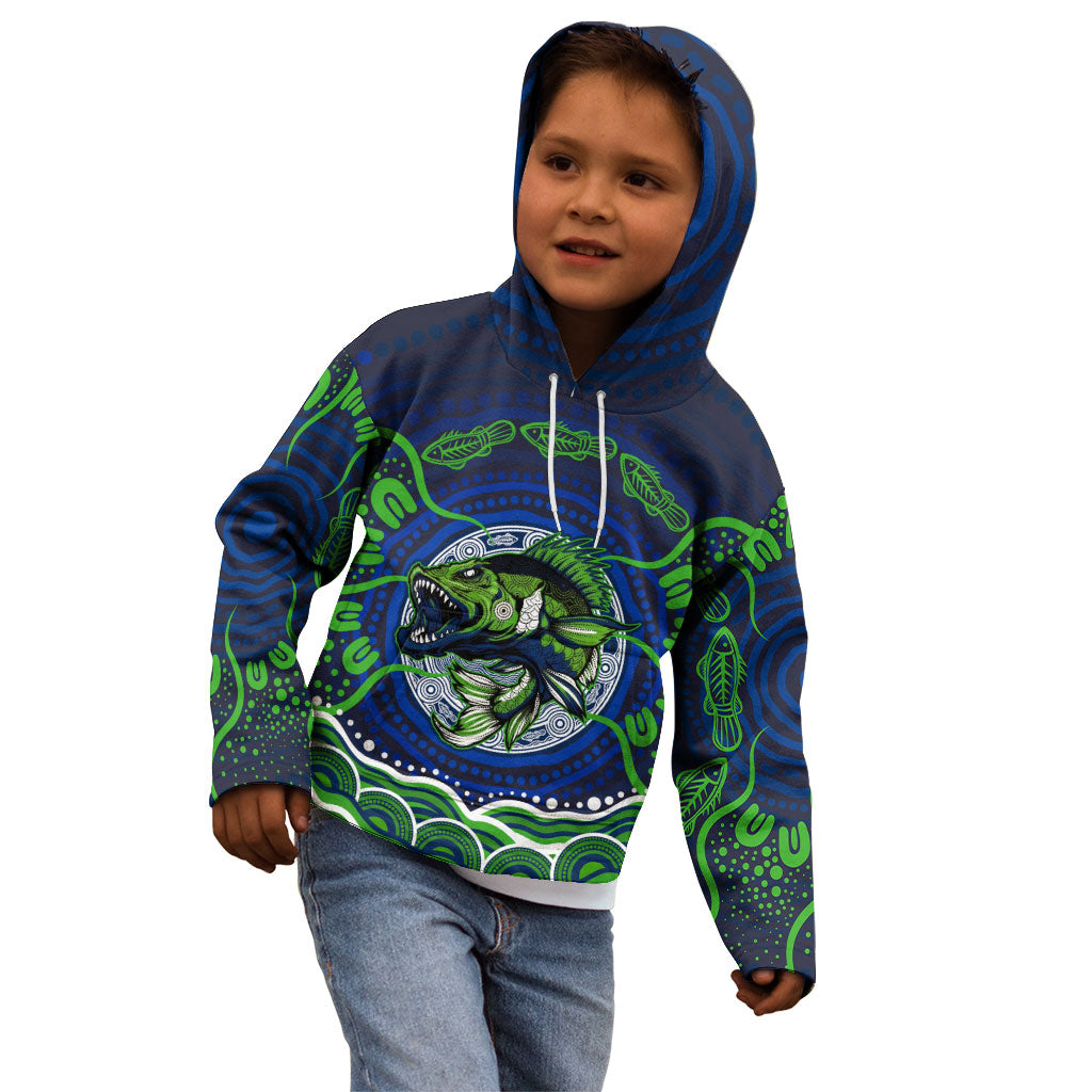 Personalised Barramundi Fishing Kid Hoodie Aboriginal Dot Art Fierce Fish