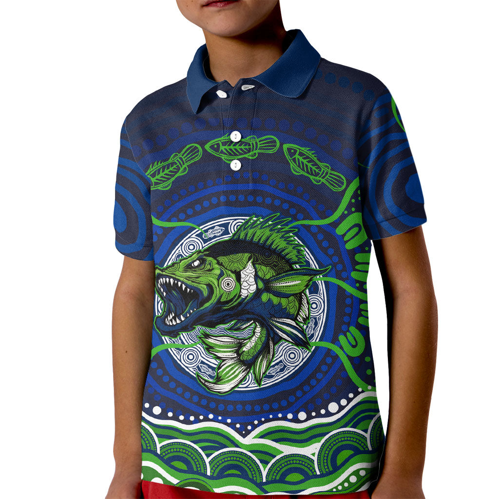 Personalised Barramundi Fishing Kid Polo Shirt Aboriginal Dot Art Fierce Fish