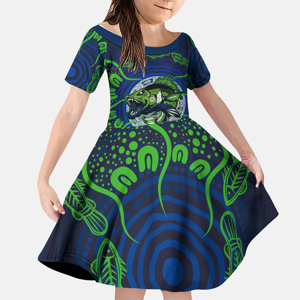 Personalised Barramundi Fishing Kid Short Sleeve Dress Aboriginal Dot Art Fierce Fish