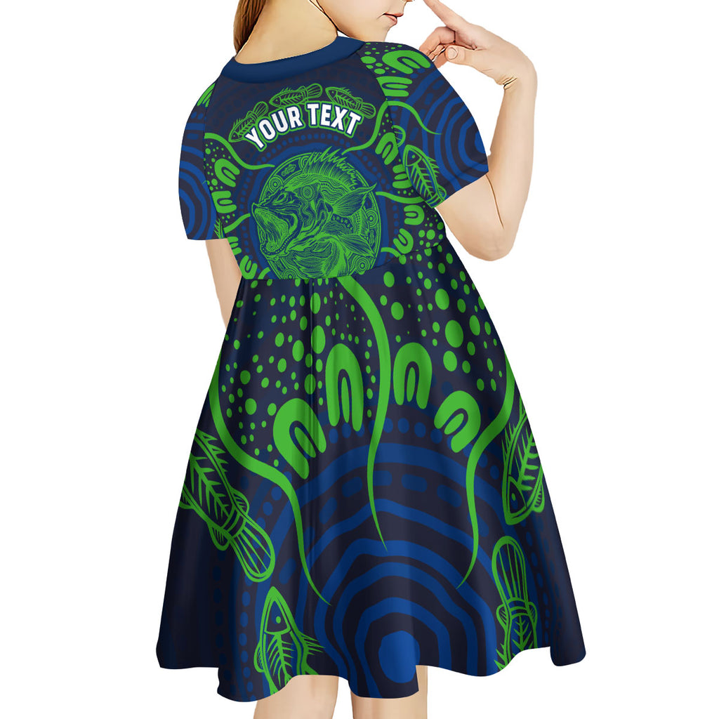 Personalised Barramundi Fishing Kid Short Sleeve Dress Aboriginal Dot Art Fierce Fish