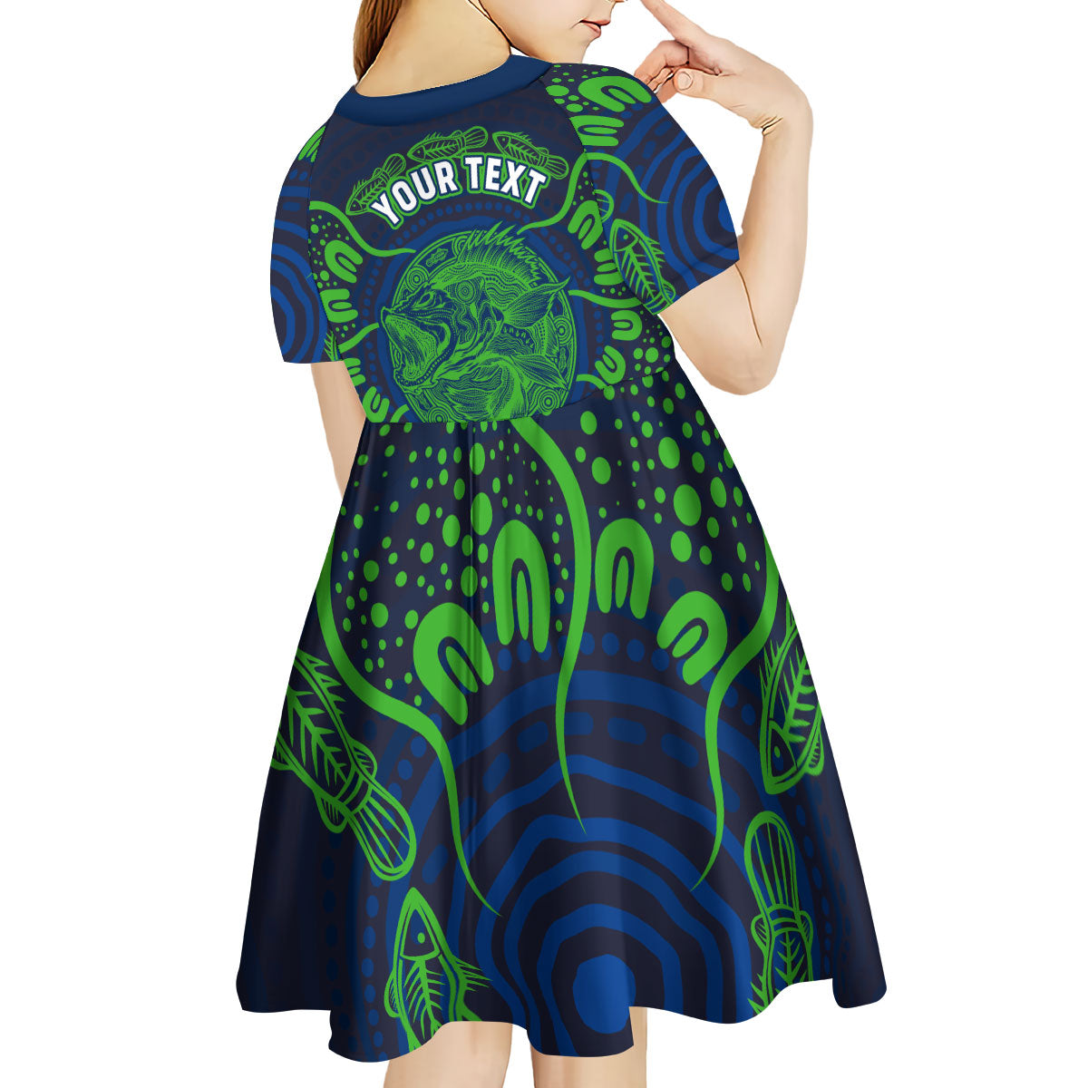 Personalised Barramundi Fishing Kid Short Sleeve Dress Aboriginal Dot Art Fierce Fish
