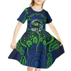 Personalised Barramundi Fishing Kid Short Sleeve Dress Aboriginal Dot Art Fierce Fish
