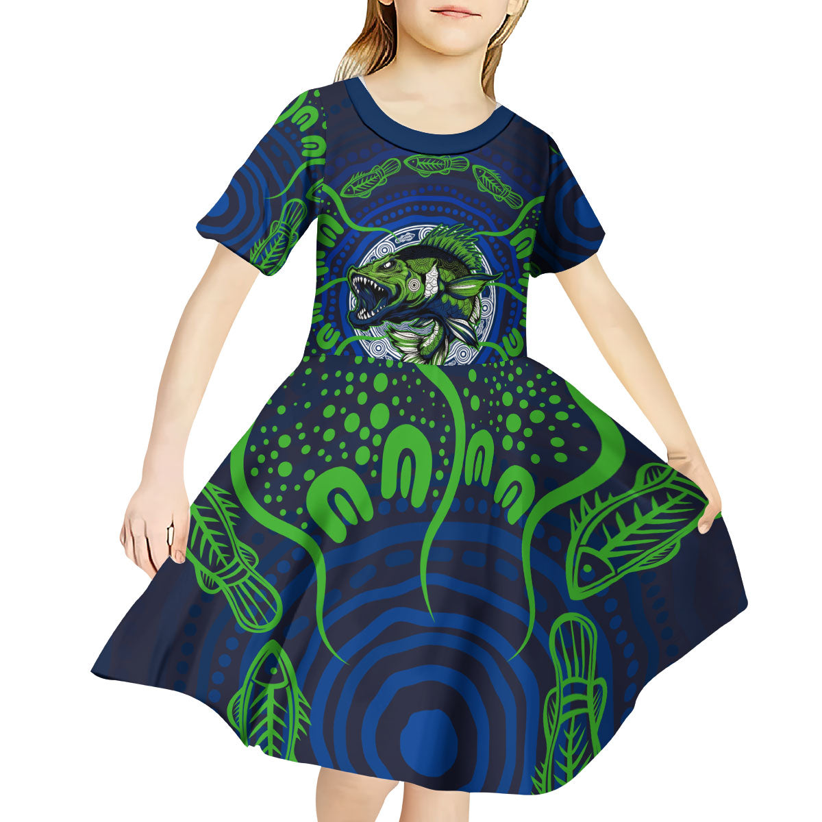 Personalised Barramundi Fishing Kid Short Sleeve Dress Aboriginal Dot Art Fierce Fish