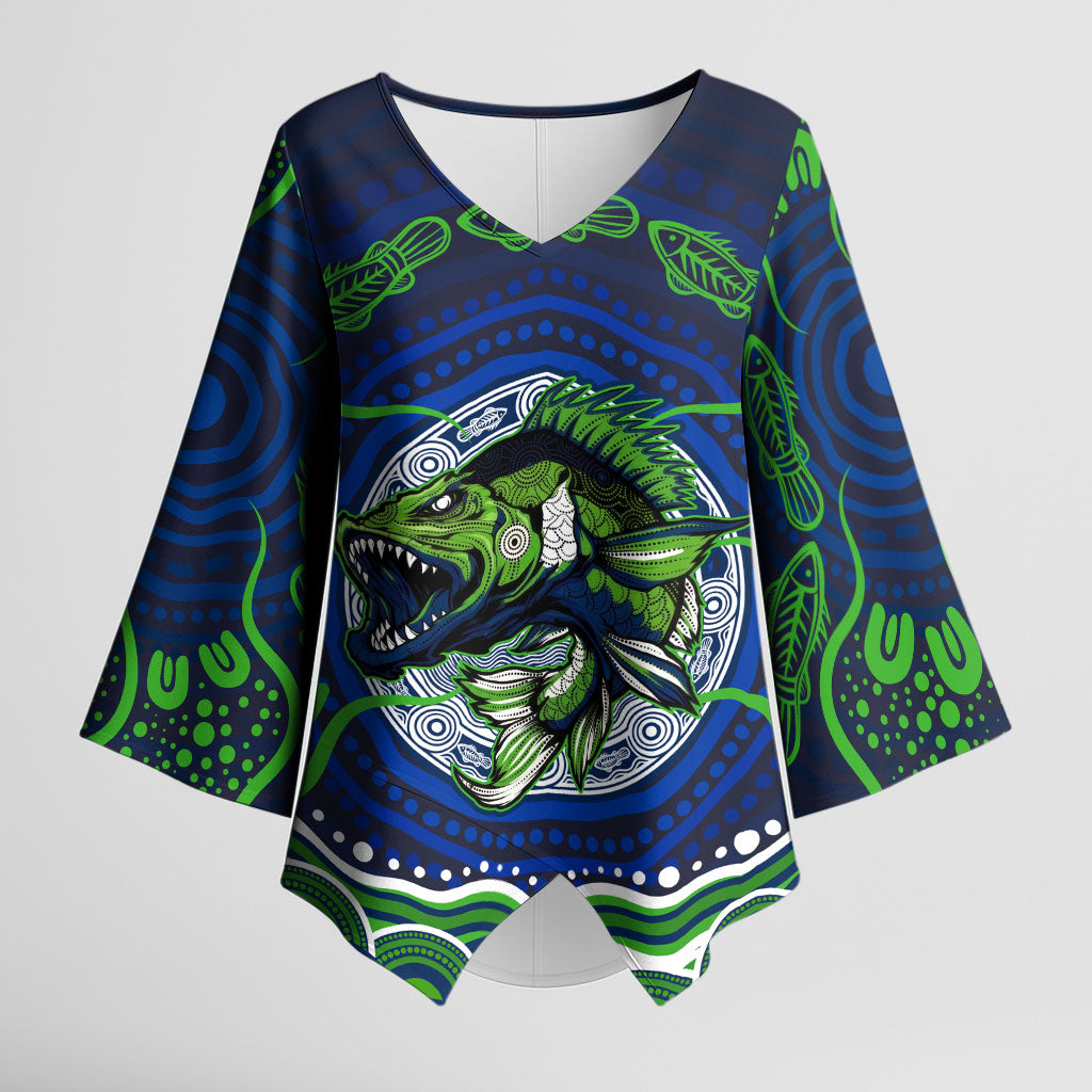 Personalised Barramundi Fishing Kimono Sleeve Blouse Aboriginal Dot Art Fierce Fish