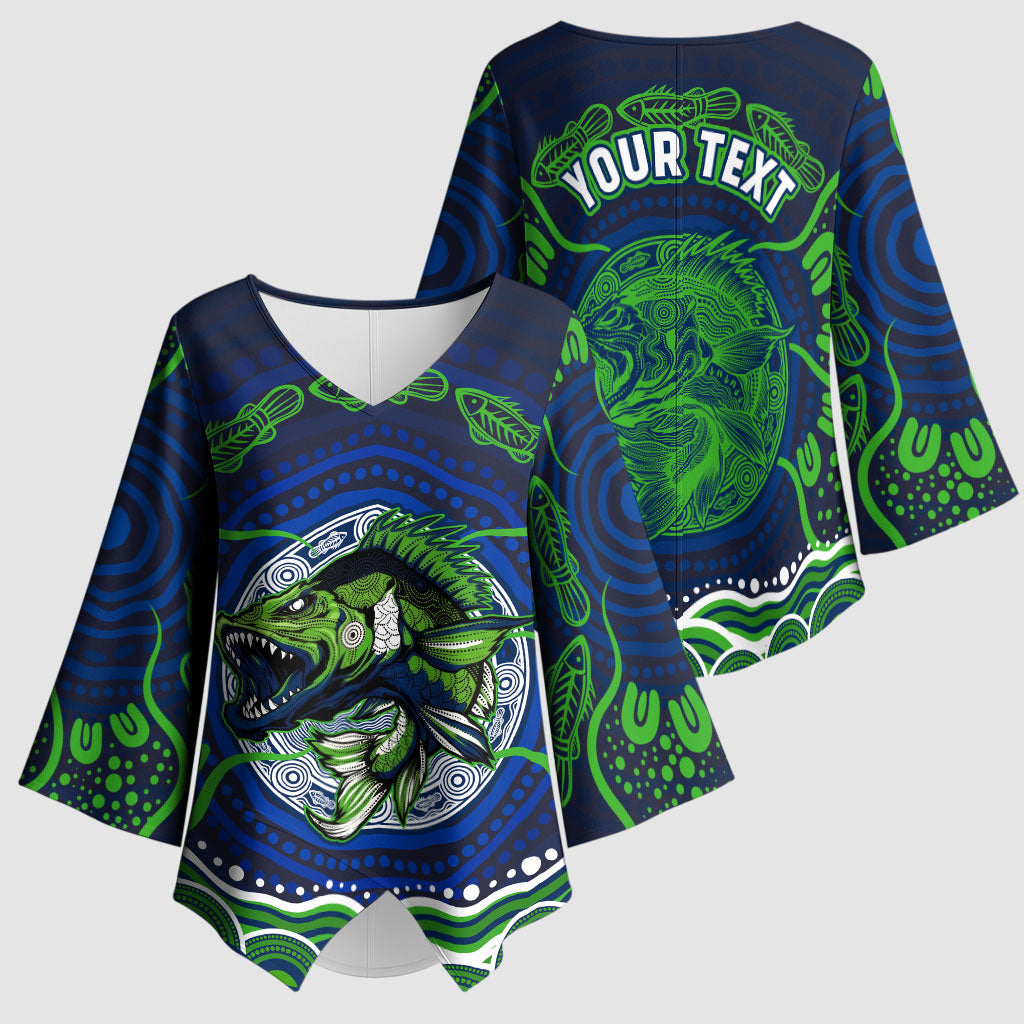 Personalised Barramundi Fishing Kimono Sleeve Blouse Aboriginal Dot Art Fierce Fish