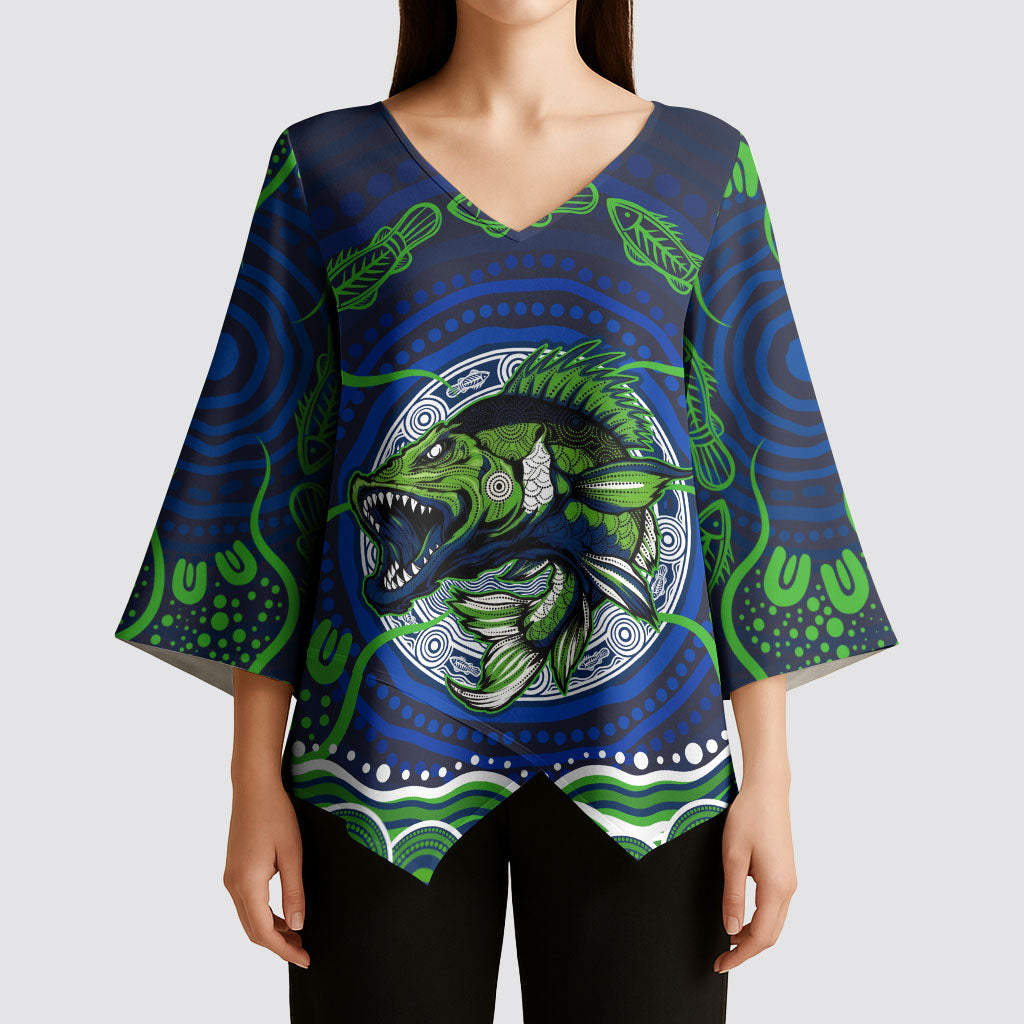 Personalised Barramundi Fishing Kimono Sleeve Blouse Aboriginal Dot Art Fierce Fish