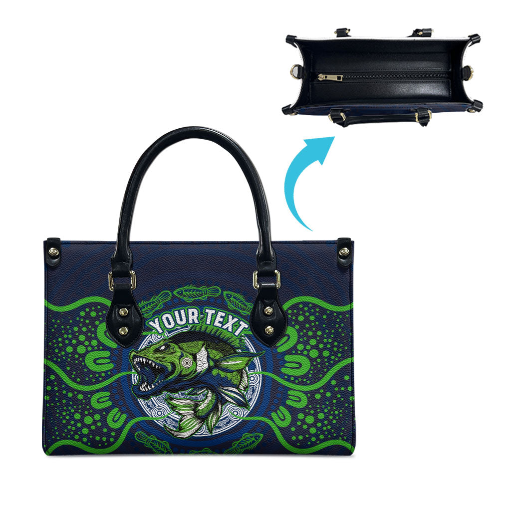 Personalised Barramundi Fishing Leather Bag Aboriginal Dot Art Fierce Fish