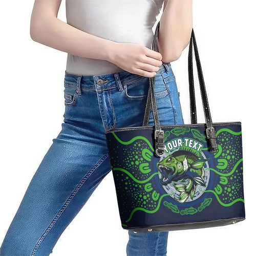 Personalised Barramundi Fishing Leather Tote Bag Aboriginal Dot Art Fierce Fish