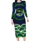 Personalised Barramundi Fishing Long Sleeve Bodycon Dress Aboriginal Dot Art Fierce Fish